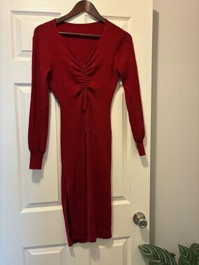 Amazon Red Long Sleeve Ribbed Midi Dress with Ruched Front